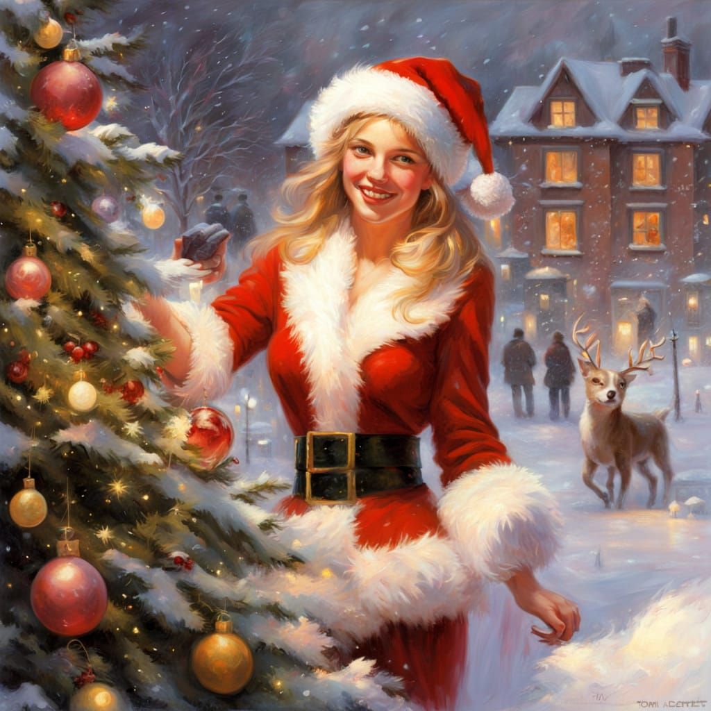 Flirtatious Santa Girl Spreading Christmas Joy as Oil Painti...
