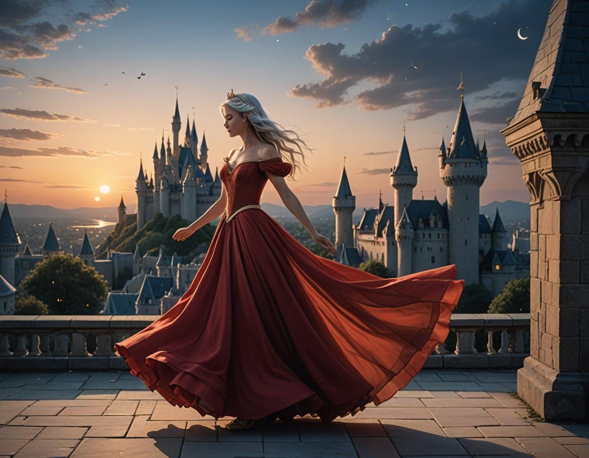 Princess Dancing on Rooftop in Ethereal Fantasy Art
