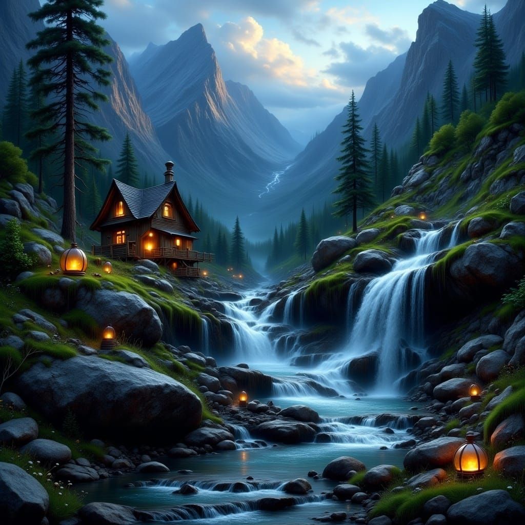 Hyperrealistic Mountain Waterfall in a Barrel