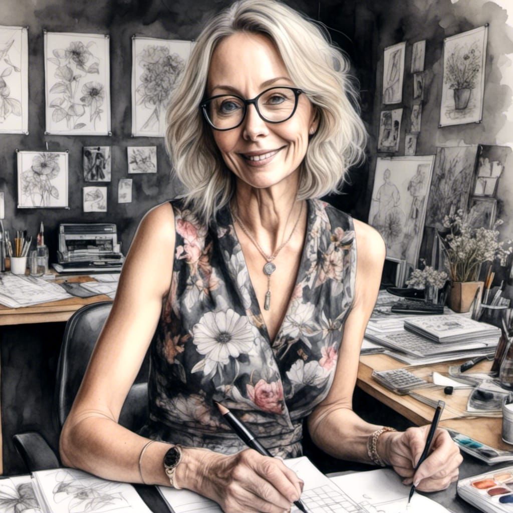 Elegant Architect: Charcoal and Ink Portrait of Radiant Woma...