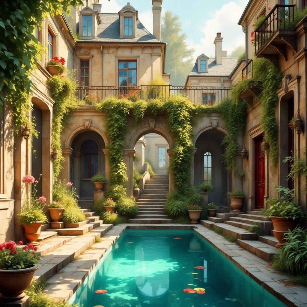 Surreal Courtyard Oasis in Hyper-Realistic Style