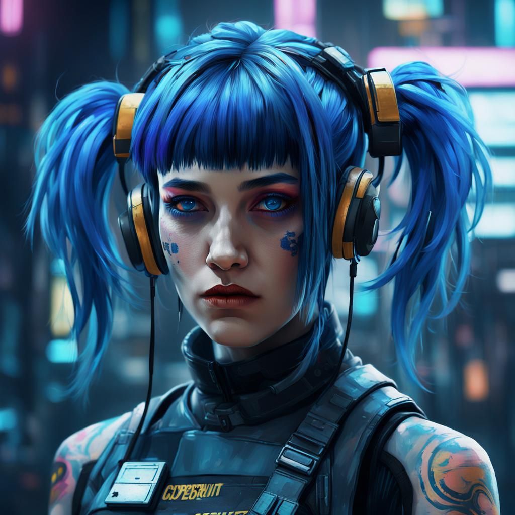 Woman with Blue Hair: Cyberpunk Digital Art