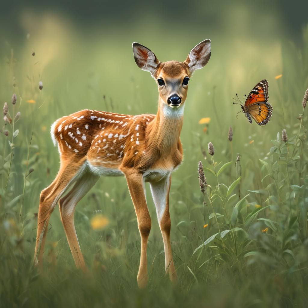 Fawn and Butterfly in Meadow, Pastel Wildlife Art