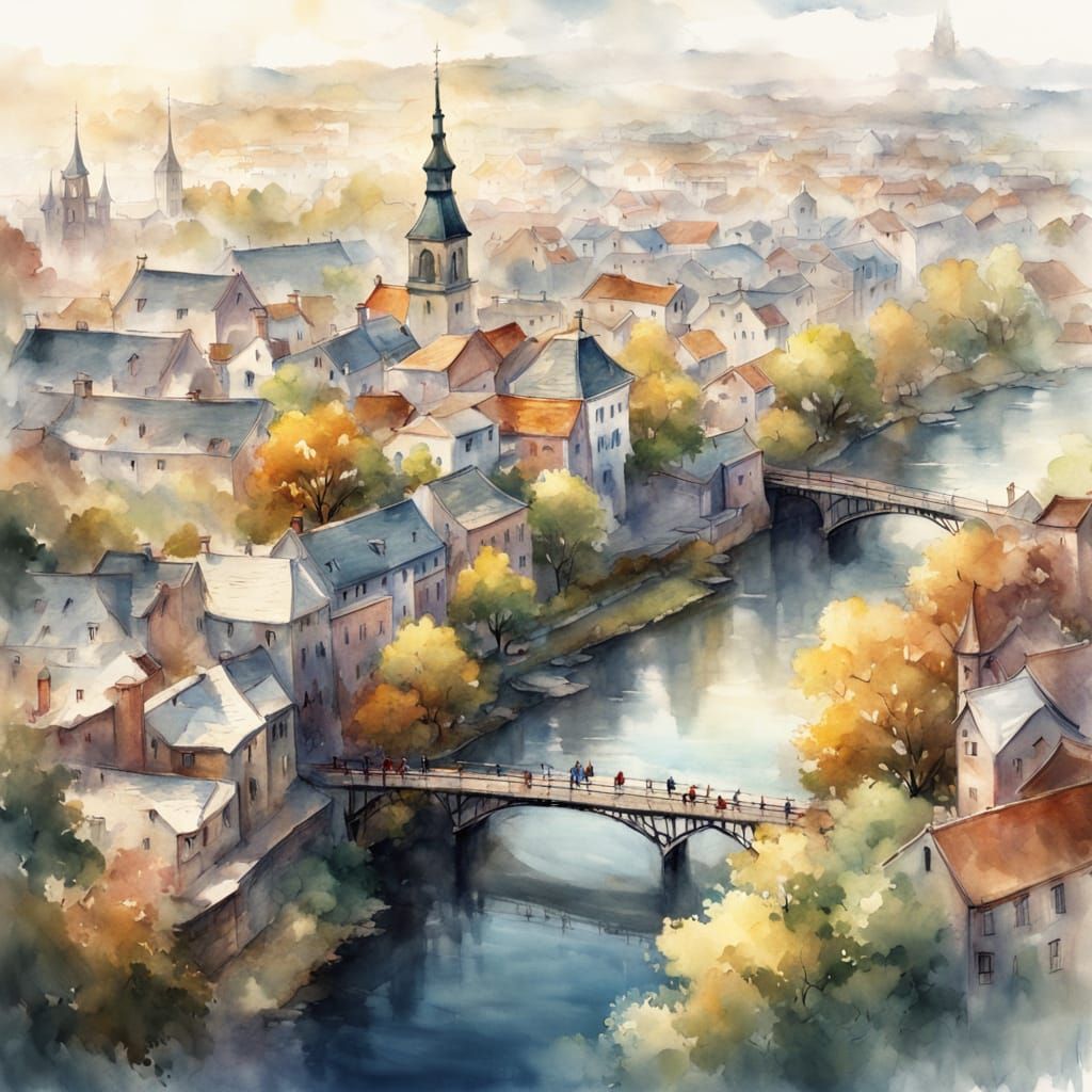 Bird's Eye View of Old Town in Watercolor