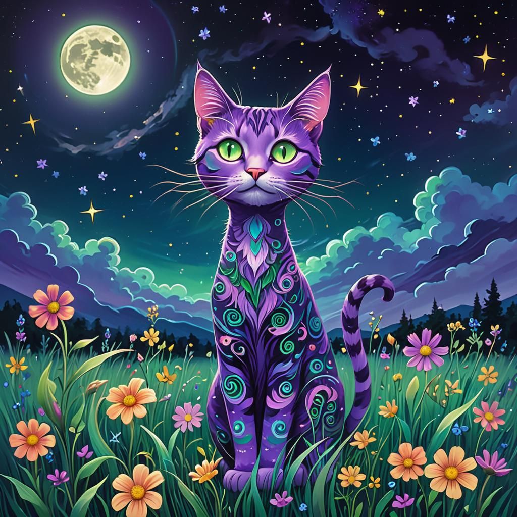 Whimsical Purple Cat Under Starry Night Sky