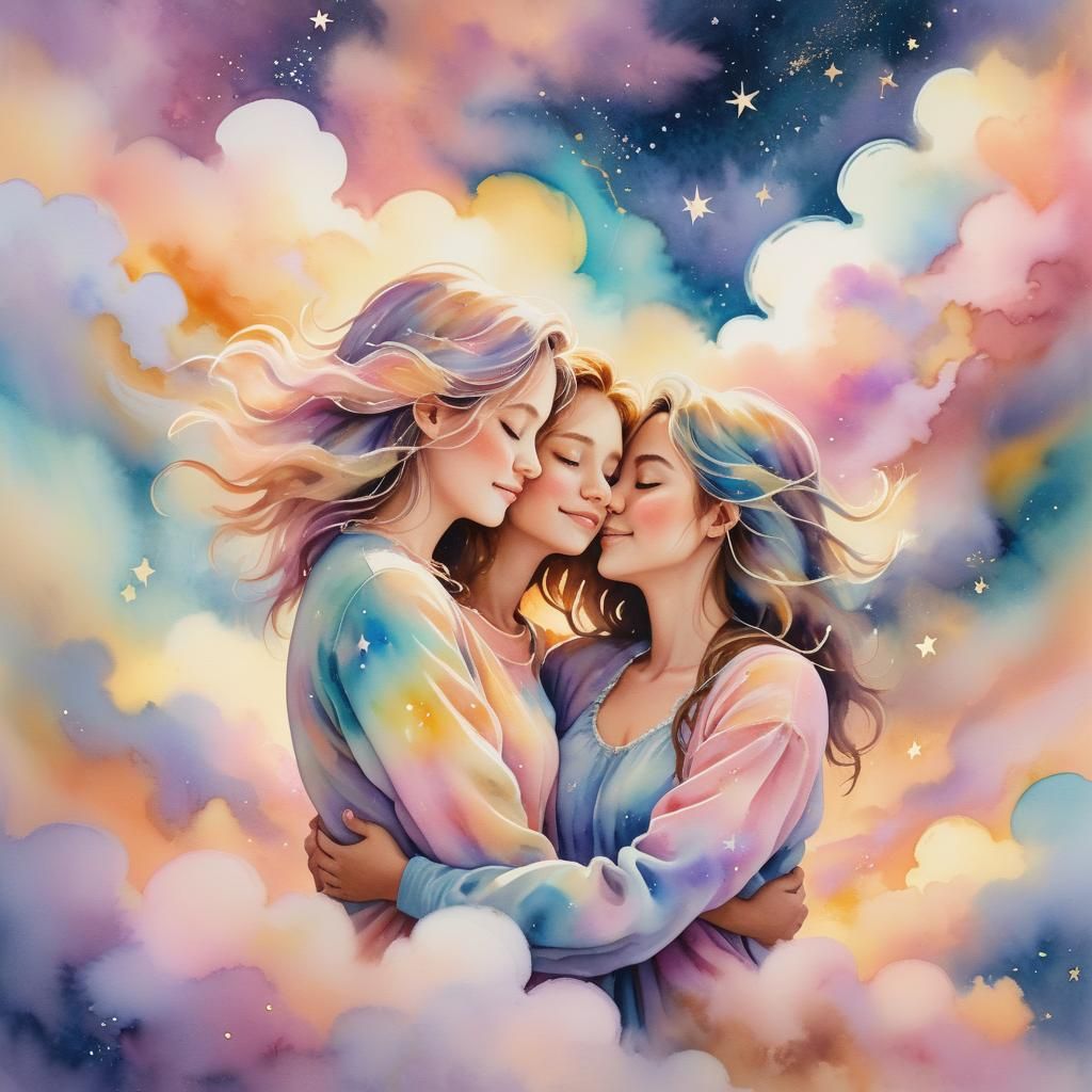 Friends Embrace in Vibrant Watercolor Dreamscape