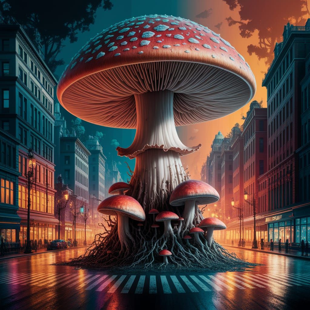 Fantastical Mushroom Towers Over City in Vibrant, Surreal Sc...