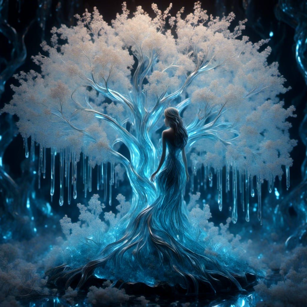 Glass Woman Statue Under Crystalline Willow Tree