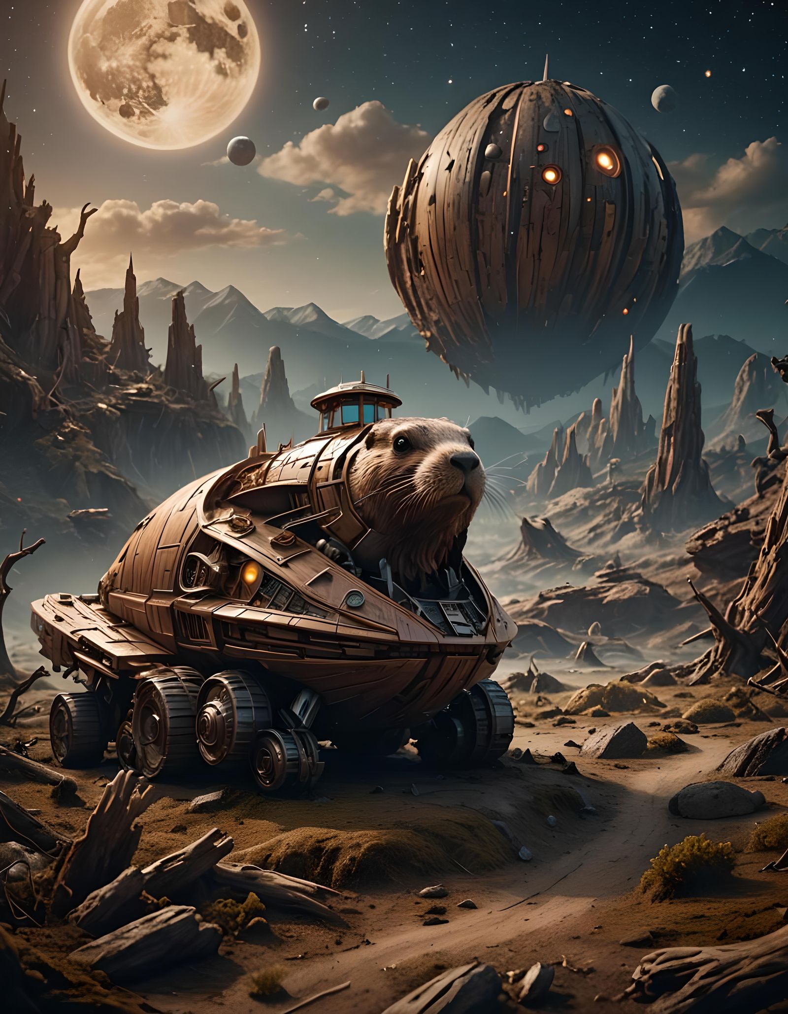 Beaver on Moon with Wooden Spaceship