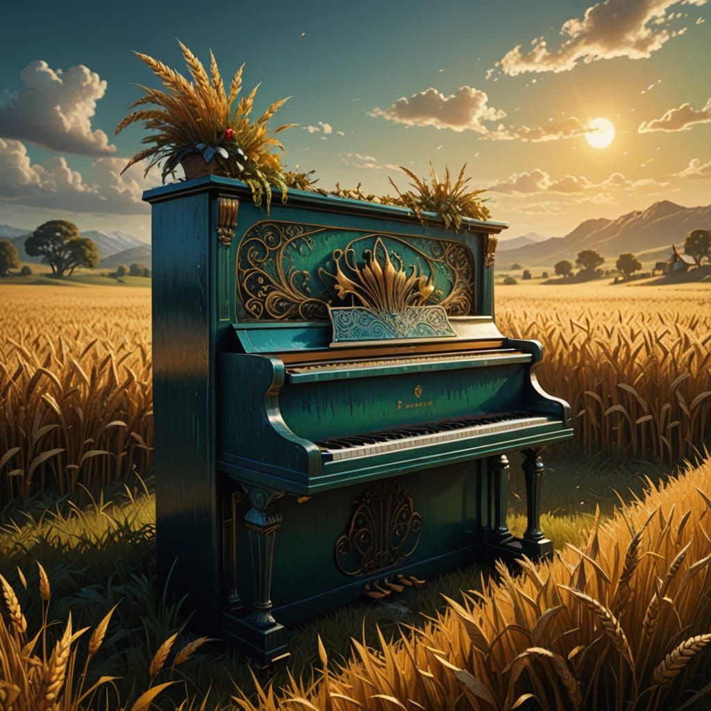 Fantastical Sunset Piano in Golden Wheat Field