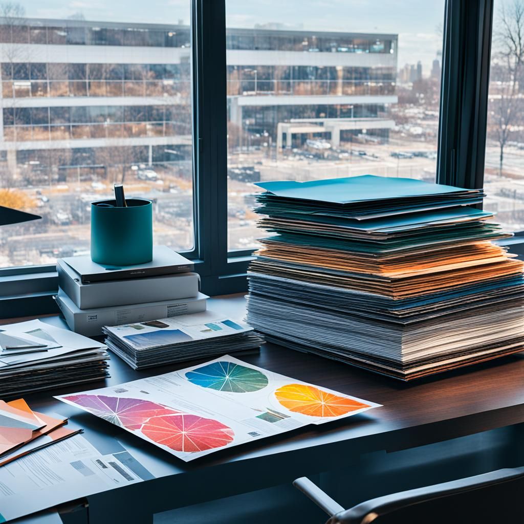 Printing Catalogs Stacked on Desk in Abstract Art Style