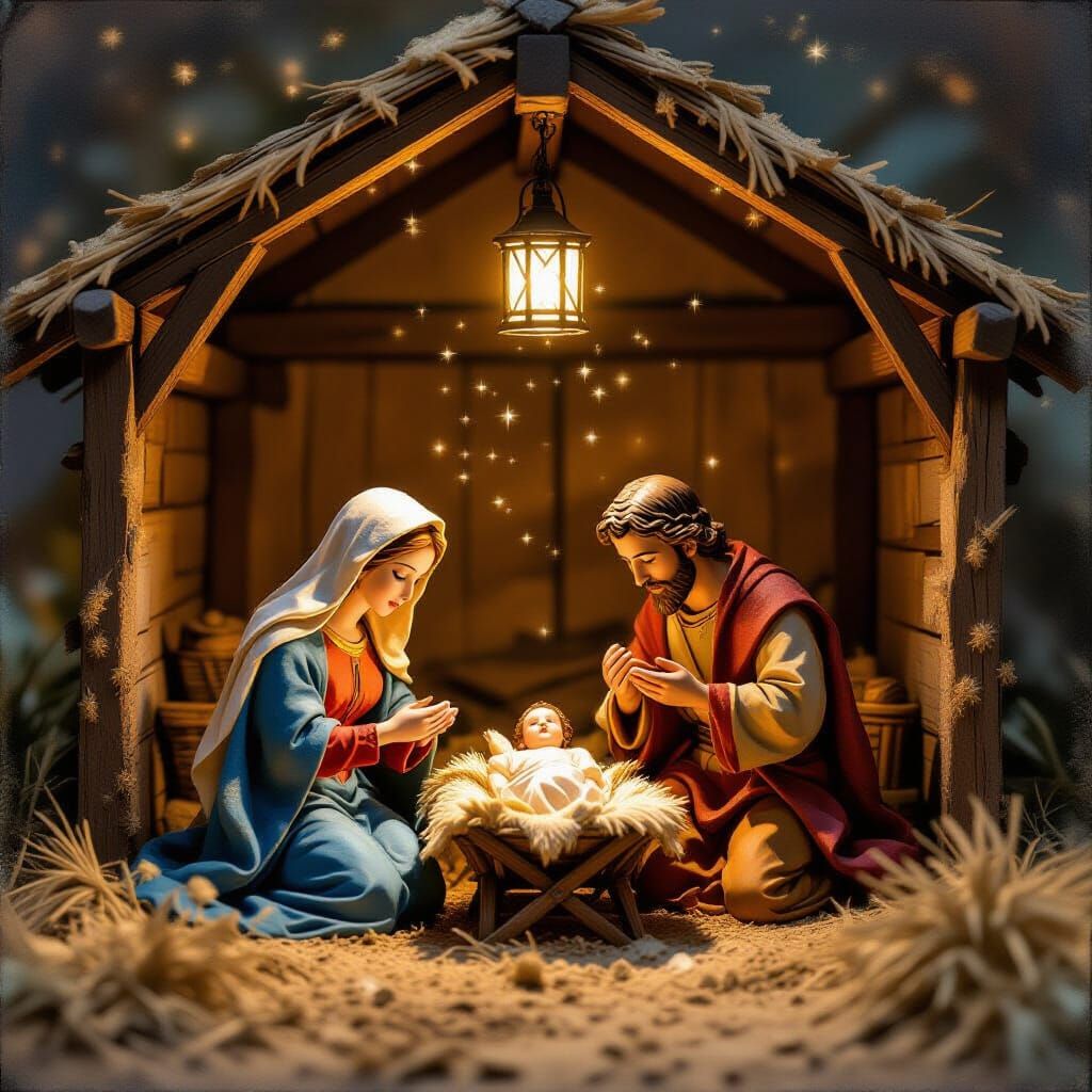 Nativity Scene Oil Painting with Warm Lantern Light