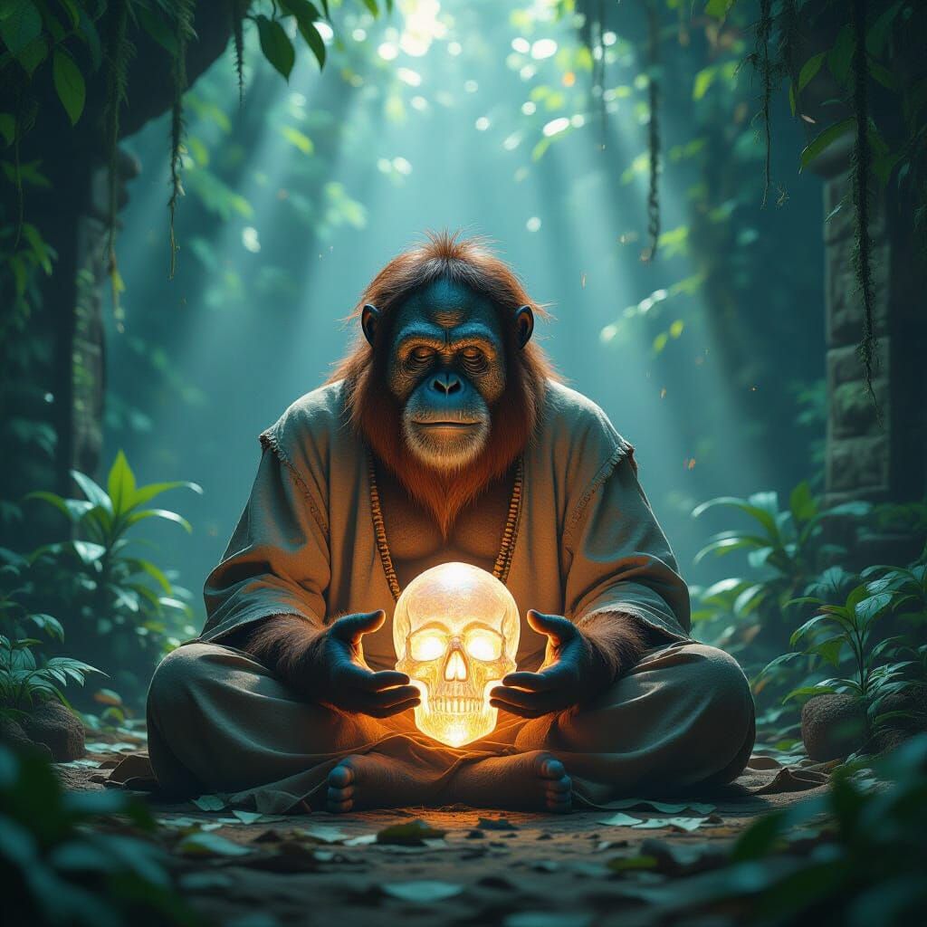 Orangutan Meditating in Jungle Temple with Crystal Skull