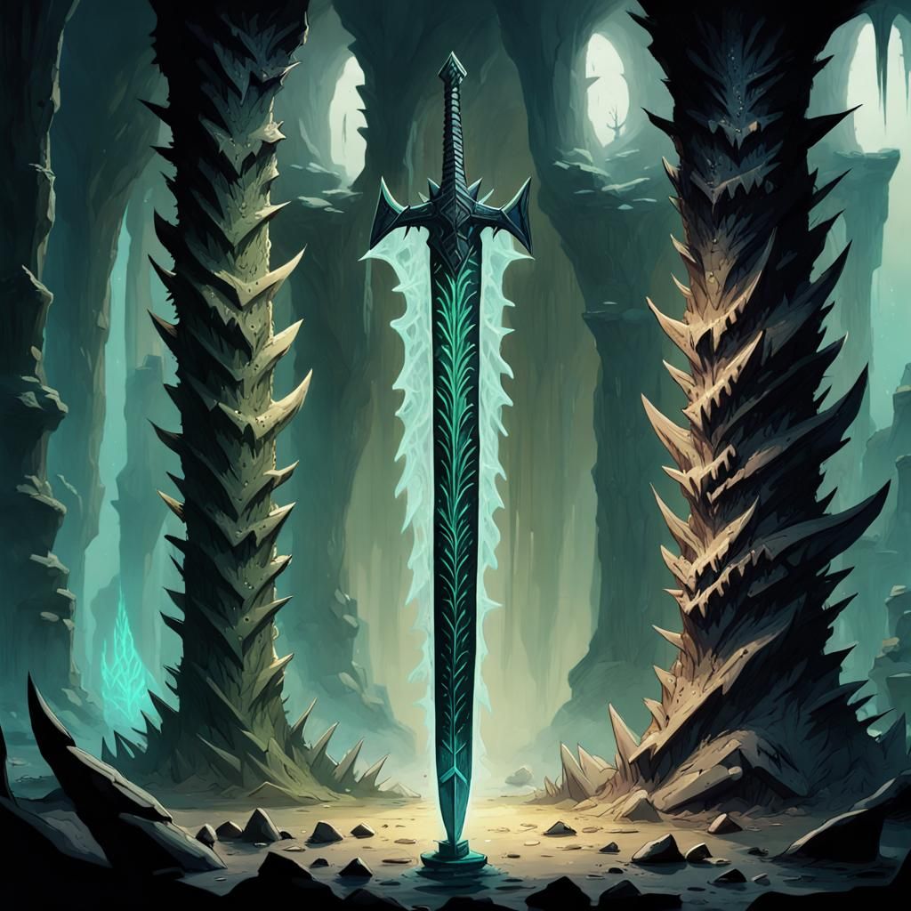 Mimic Greatsword Concept Art in Dark Cavern