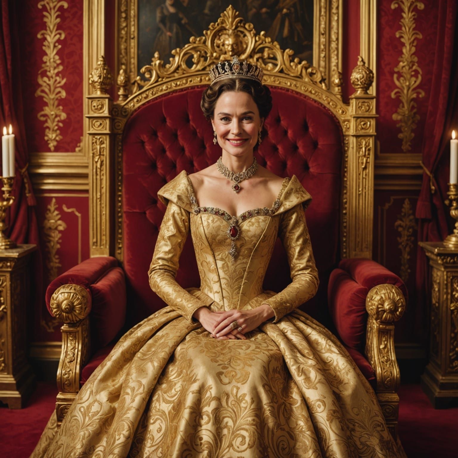 Golden Queen Smiles in Scarlet Throne Room