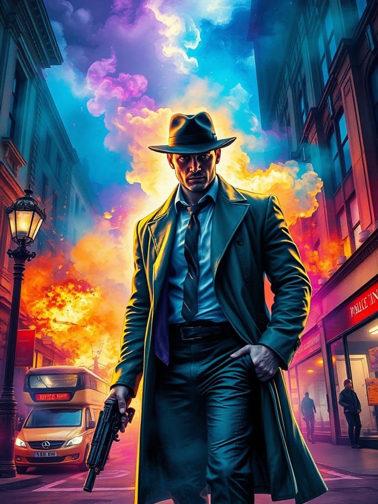 Cyberpunk Detective on London Street: Pulp Fiction Cover