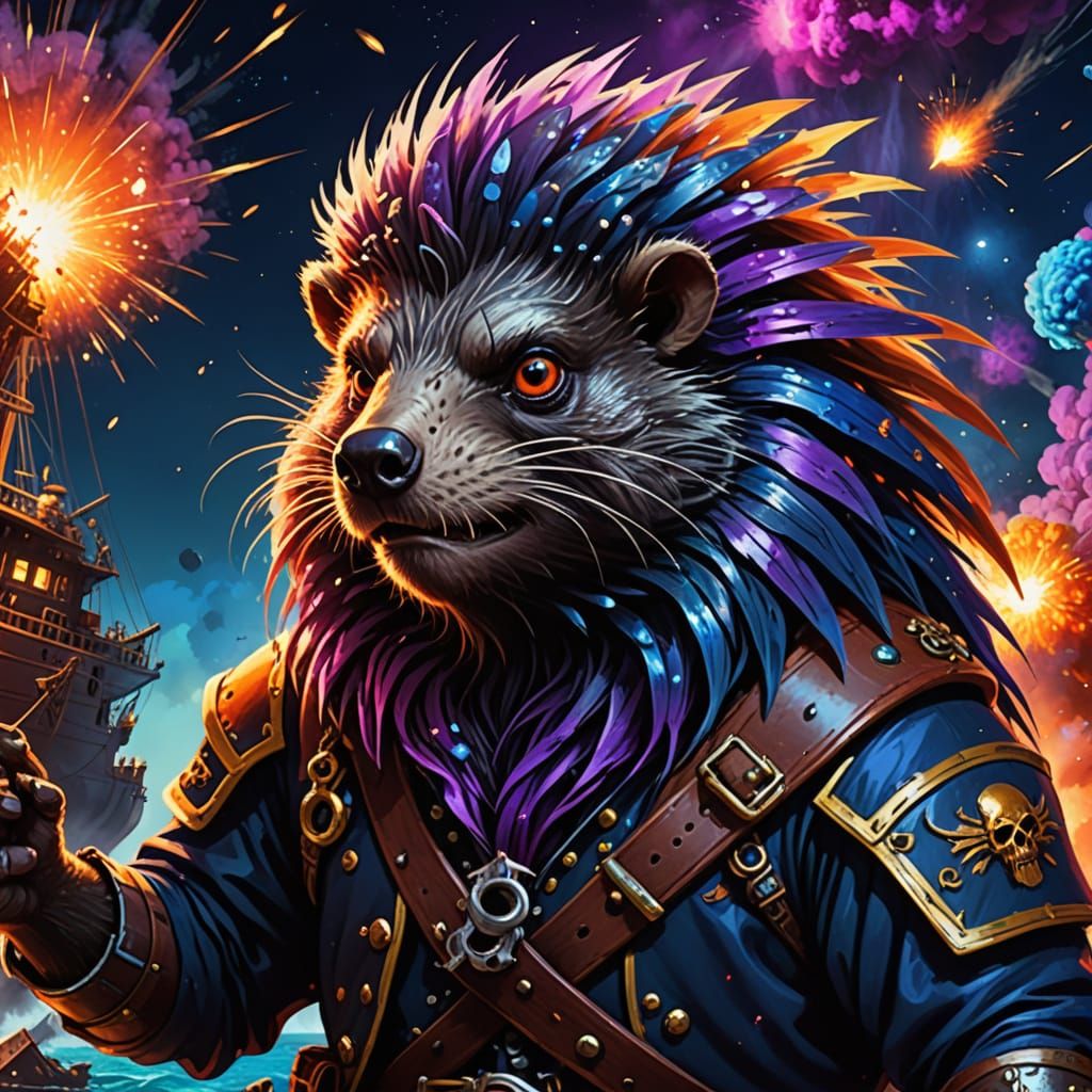 Ferocious Pirate Porcupine in Space, Hyper-Realistic Digital...