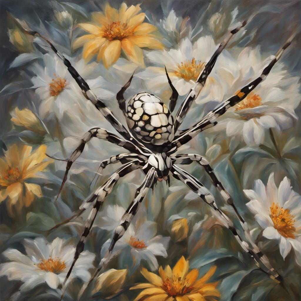 SILVER ARGIOPE spider mimicking flowers to wait for prey