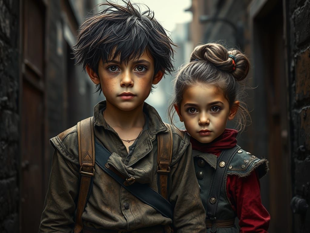 Orphan Siblings in Steampunk Alley, Dramatic Lighting