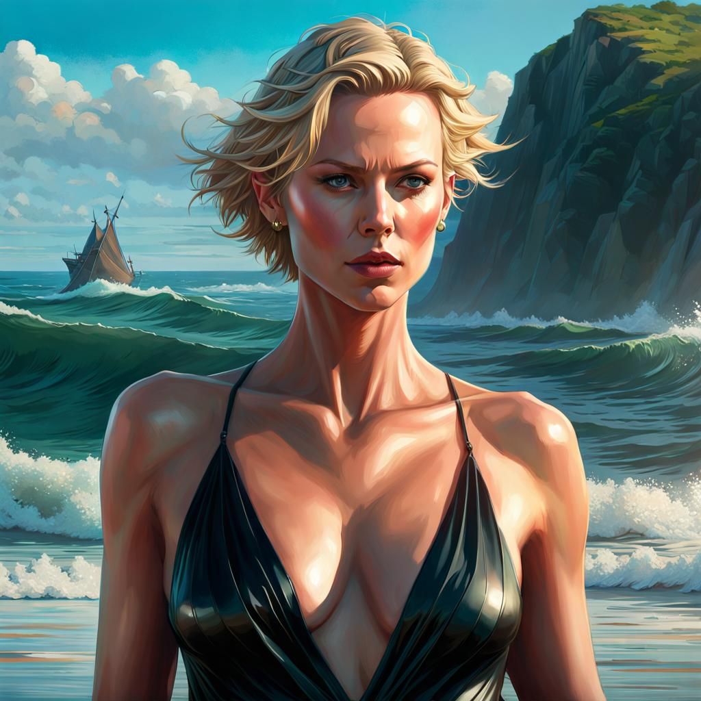 Charlize Theron walking out of the sea onto the beach wearing black latex swimwear