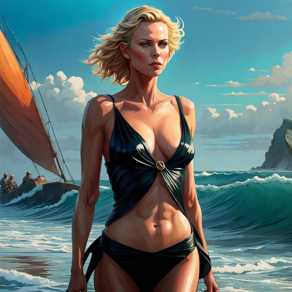 Charlize Theron walking out of the sea onto the beach wearing black latex swimwear