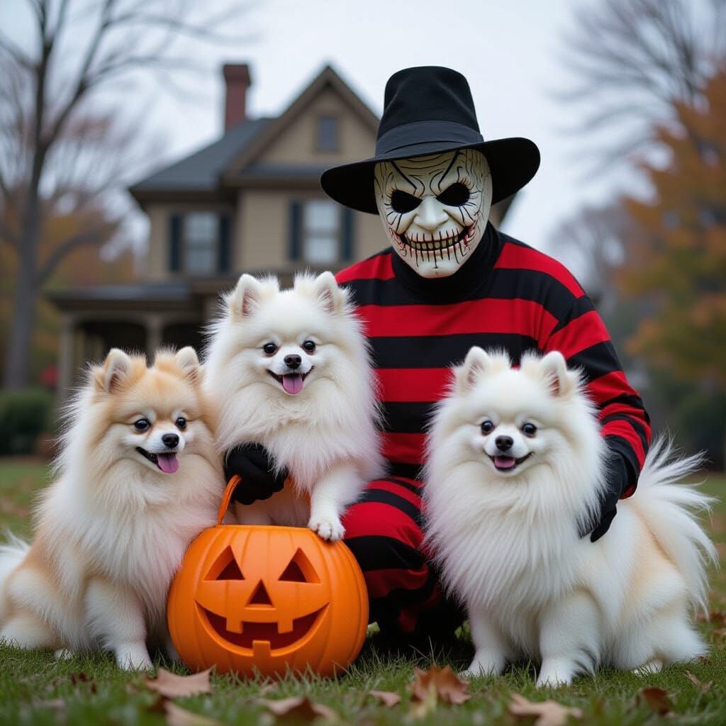 Freddie Krueger Trick-or-Treating with Pomeranians