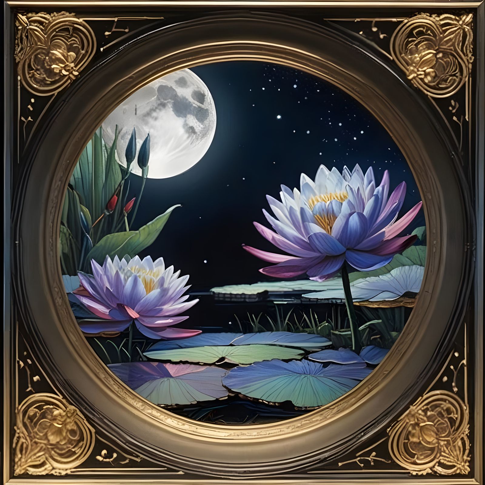Lily Pond at Night with a Moon