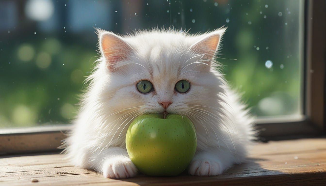 Tiny Kitten Sits Serenely Inside Glass Apple in Morning Ligh...