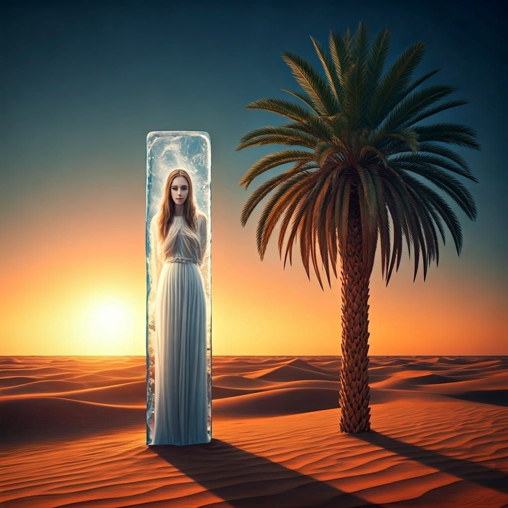Woman in Crystal Ice Rises from Desert Oasis