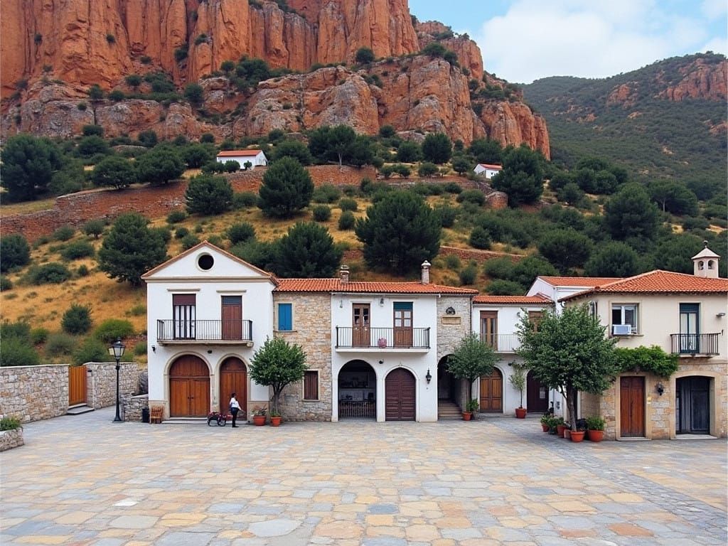 Whimsical Leonidio Square Captured in Vibrant Mediterranean...