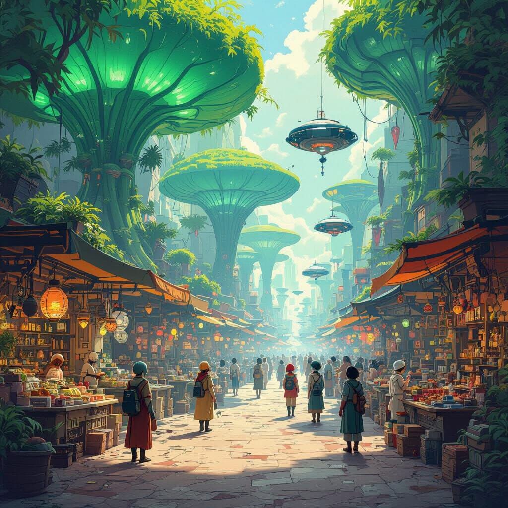 Alien Marketplace in Ghibli and Roger Dean Style