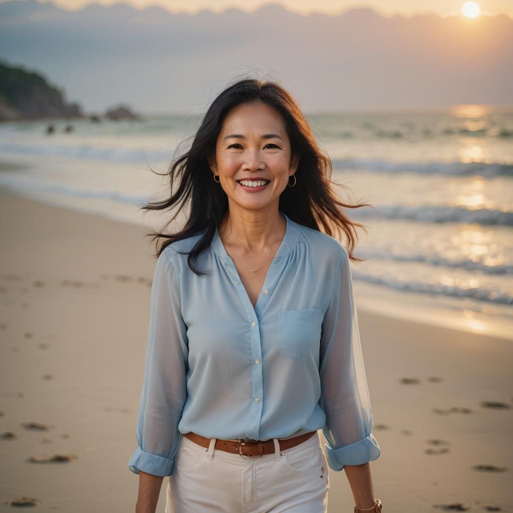 50 year old skinny Asian woman, gorgeous, long dark hair, wearing white shorts and a flowy blue blouse, standing on a be...