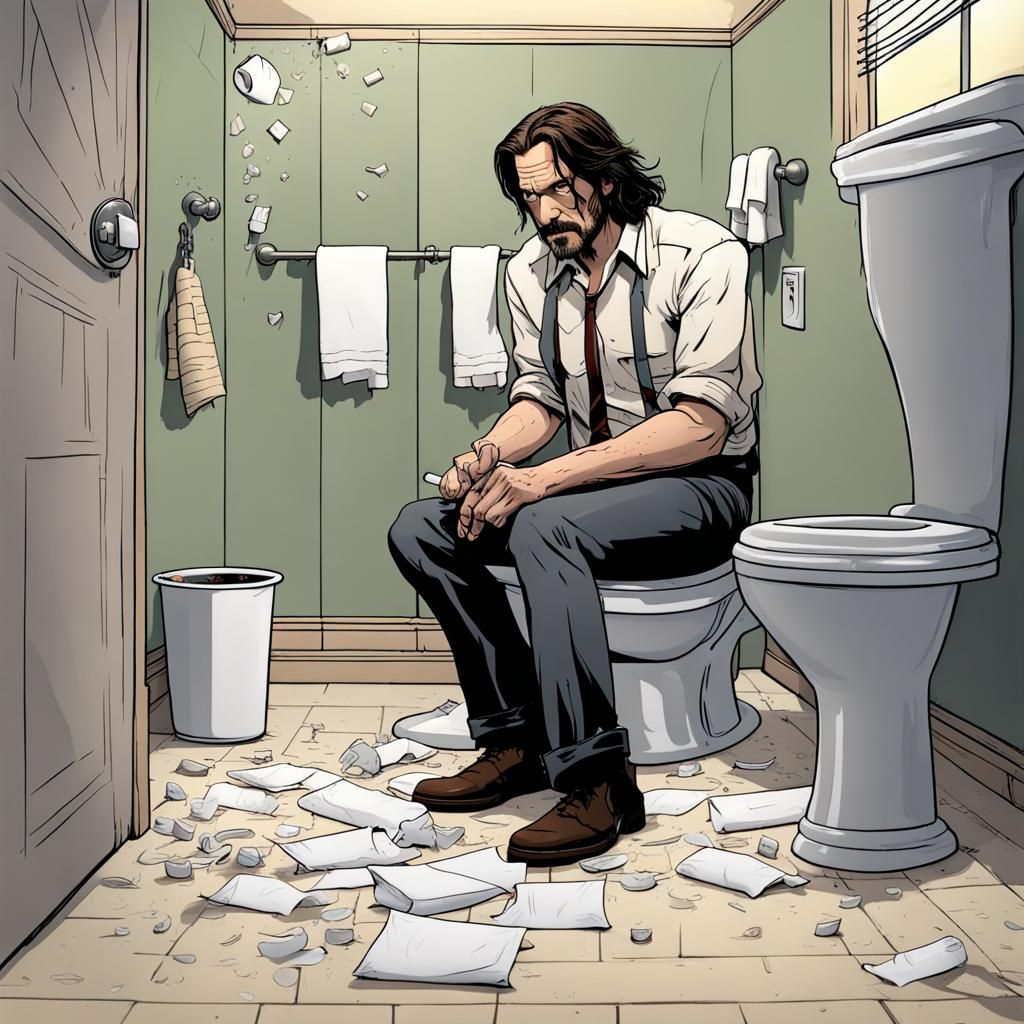 Bigby Wolf's Overwhelmed Bathroom with Cracked Mirror