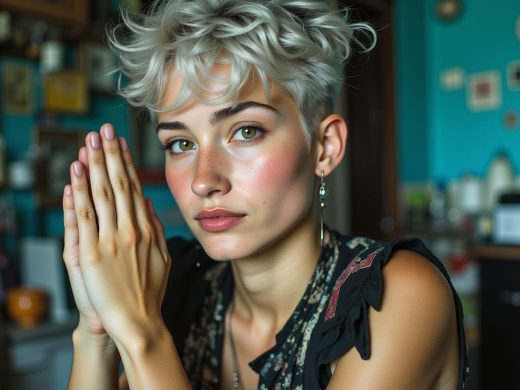 Punk Prayer with Asymmetric Haircut and Neon Eyes