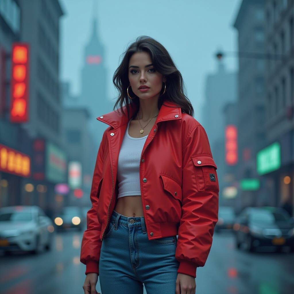 Woman in 1980s Cityscape in Retro-Futuristic Style