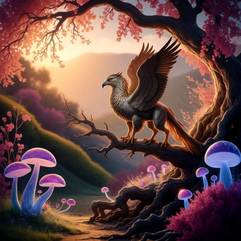 Magical Griffin and Luminous Flora in Golden Hour Light