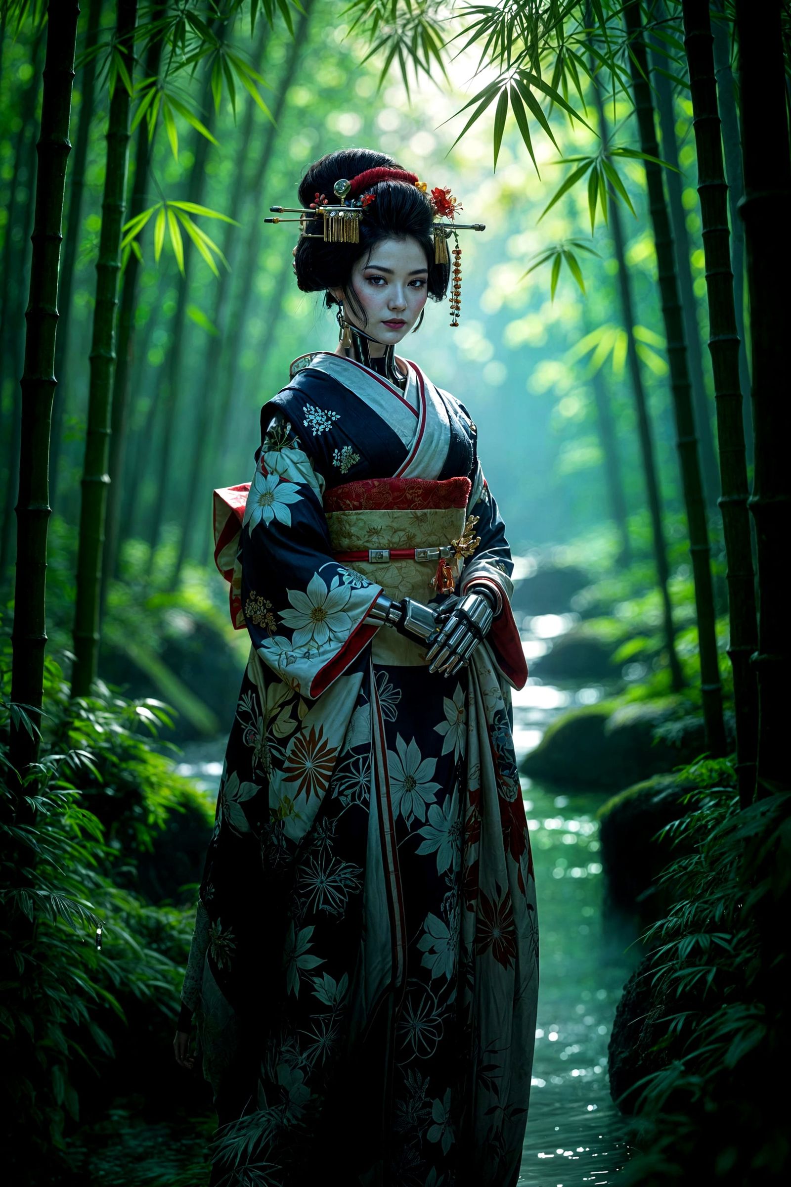 Cyborg Geisha in Bioluminescent Bamboo Forest