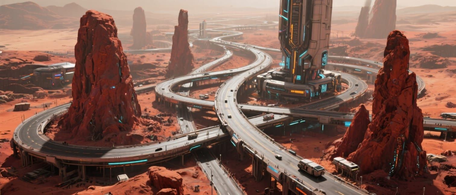 Futuristic Spaghetti Junction on Mars in Cyberpunk Style