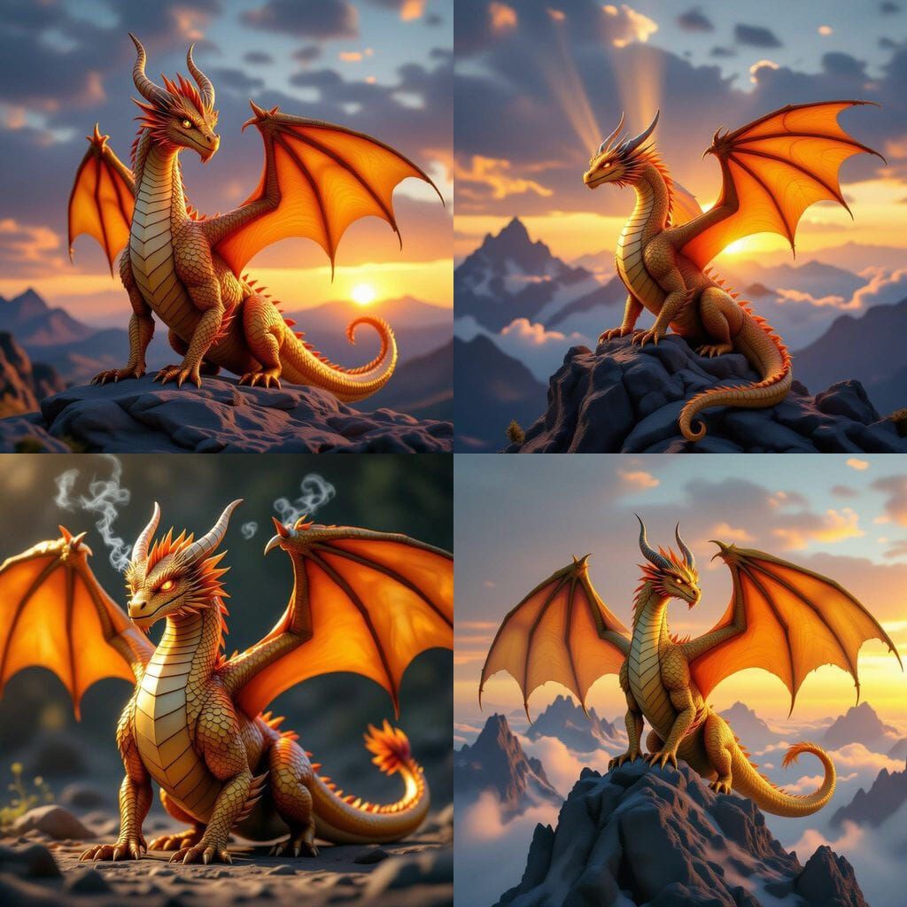 Realistic Orange and Gold Dragon with Horns and Wings