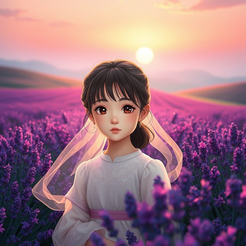 Lavender Goddess in a Dreamy Sunset Landscape