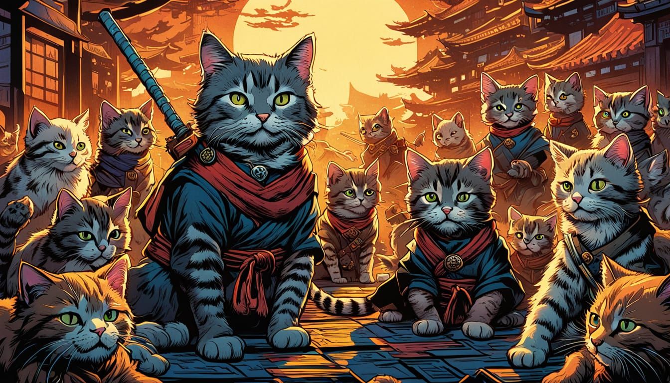 Wise Old Cat Teaching Kittens: Comic Book Style