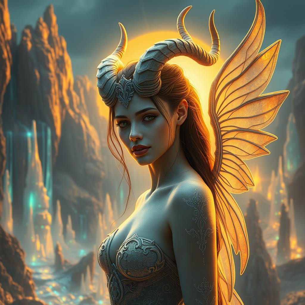 Regal Woman in Dreamlike Landscape with Iridescent Waterfall...