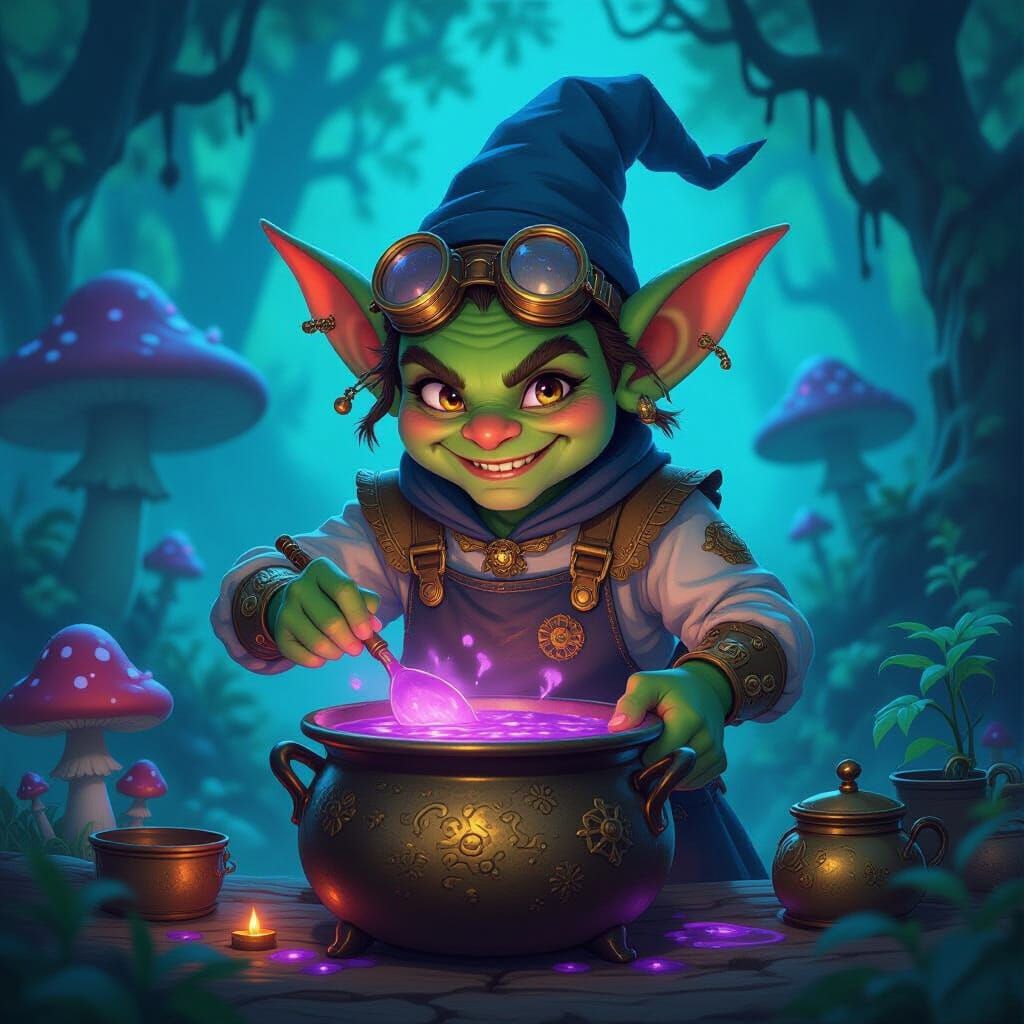 Steampunk Goblin Chef Prepares Glowing Stew in Enchanted For...