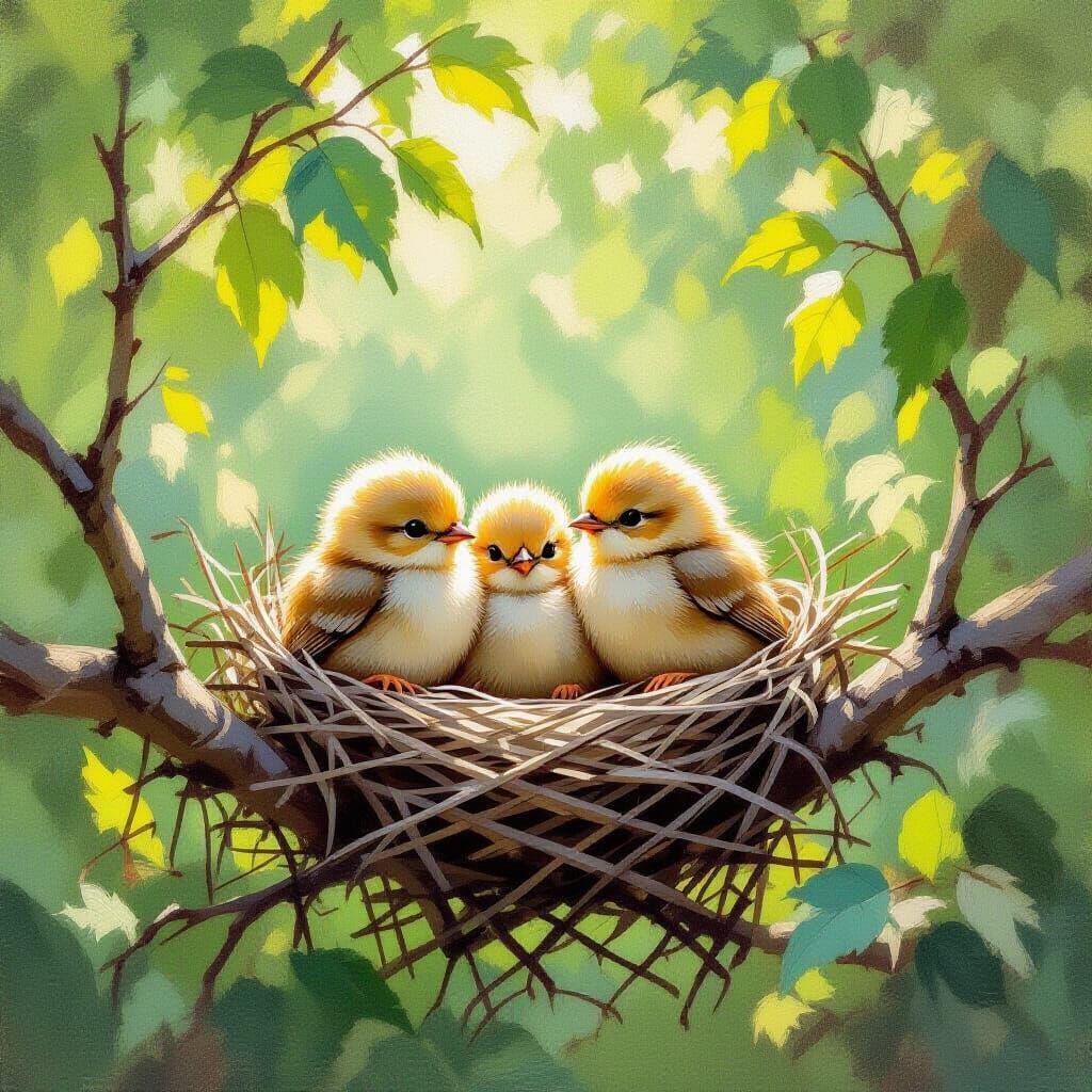 Fluffy Baby Birds Nestled in Tree Branch