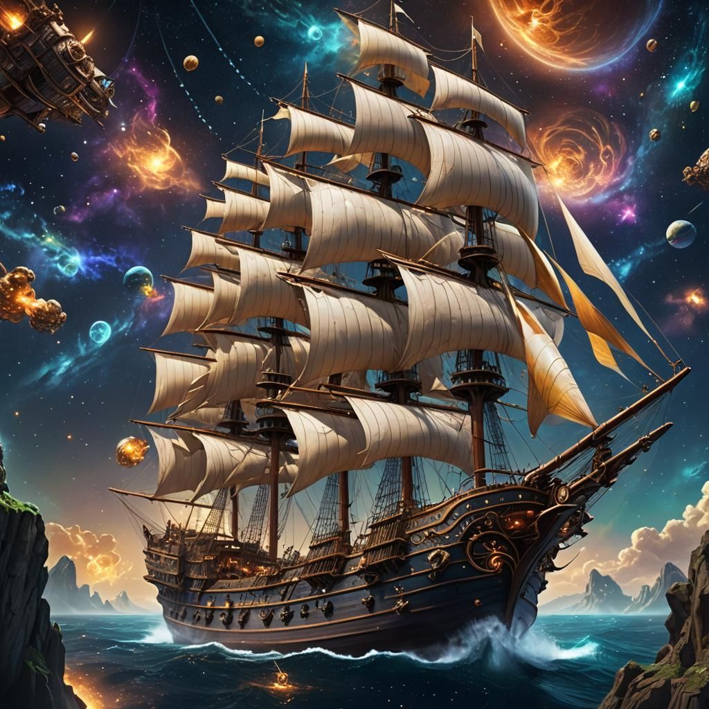 Spelljammer Sailing Ship Soaring Through Fantasy Galaxy