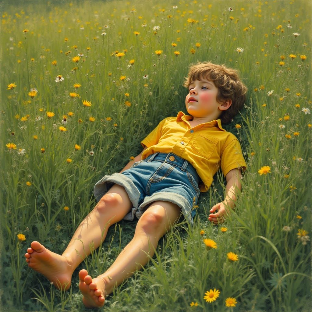 Boy in Summer Meadow, Painterly Landscape