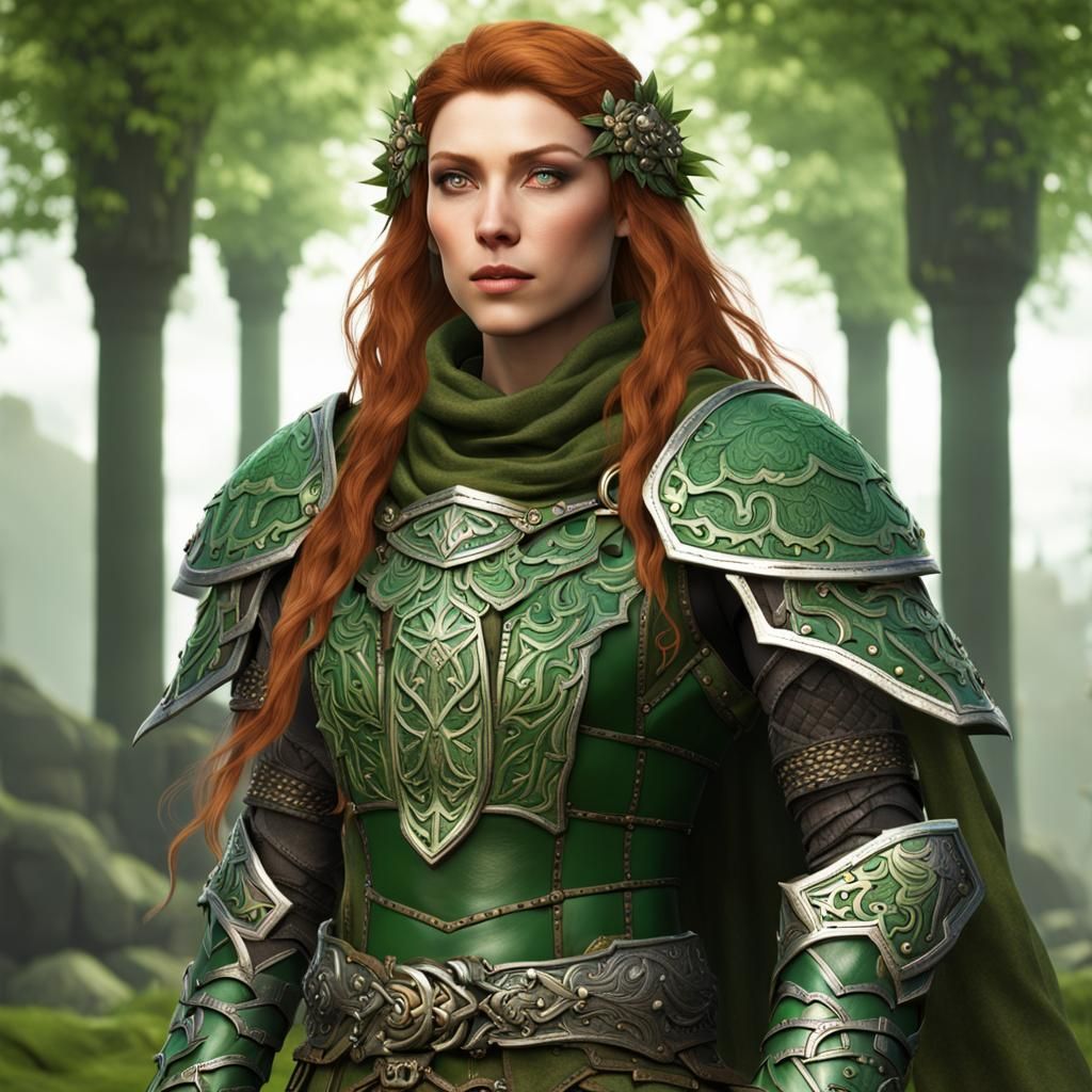 Female Druid Warrior in Green Leather Armor