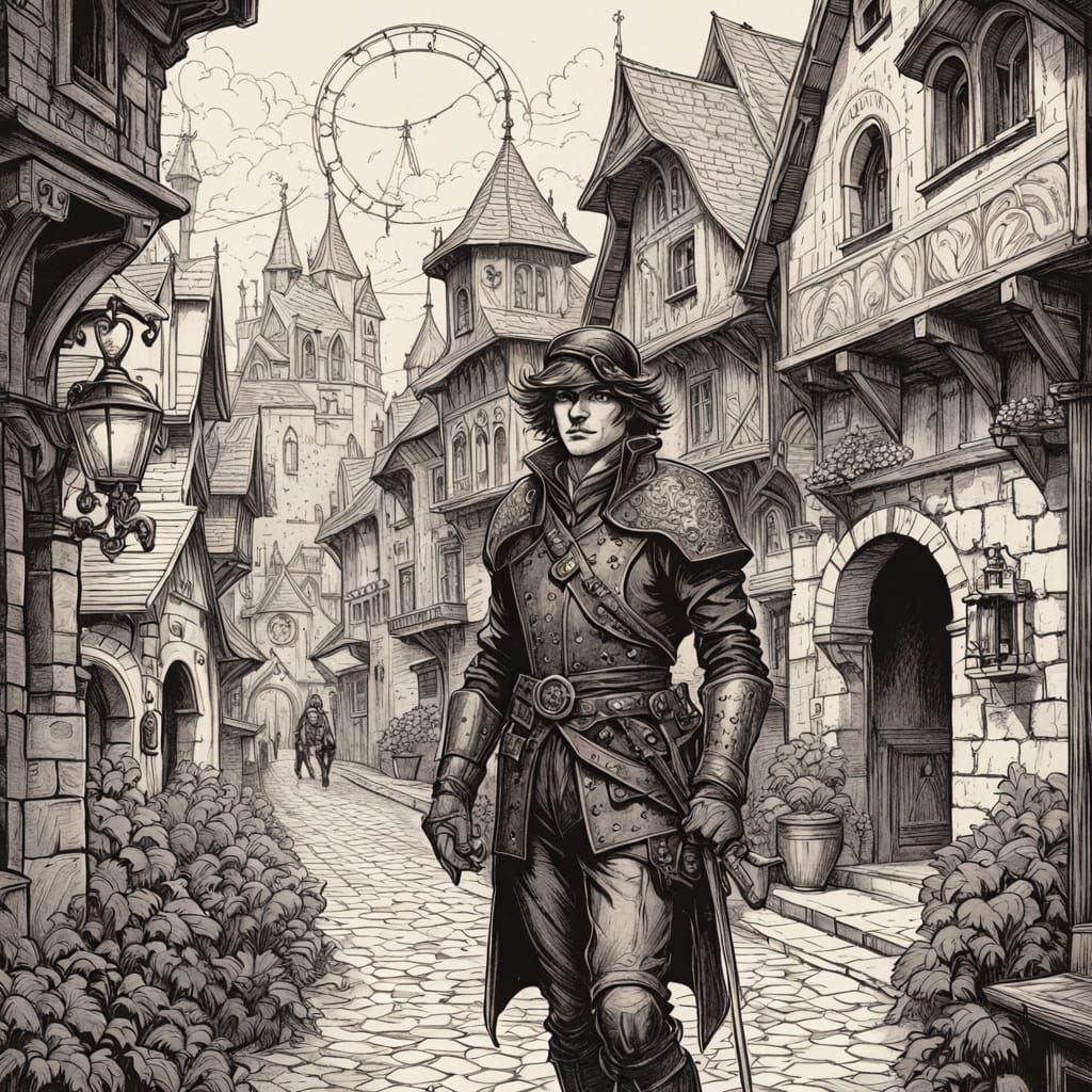 Clockwork Thief in Medieval City Pencil Sketch
