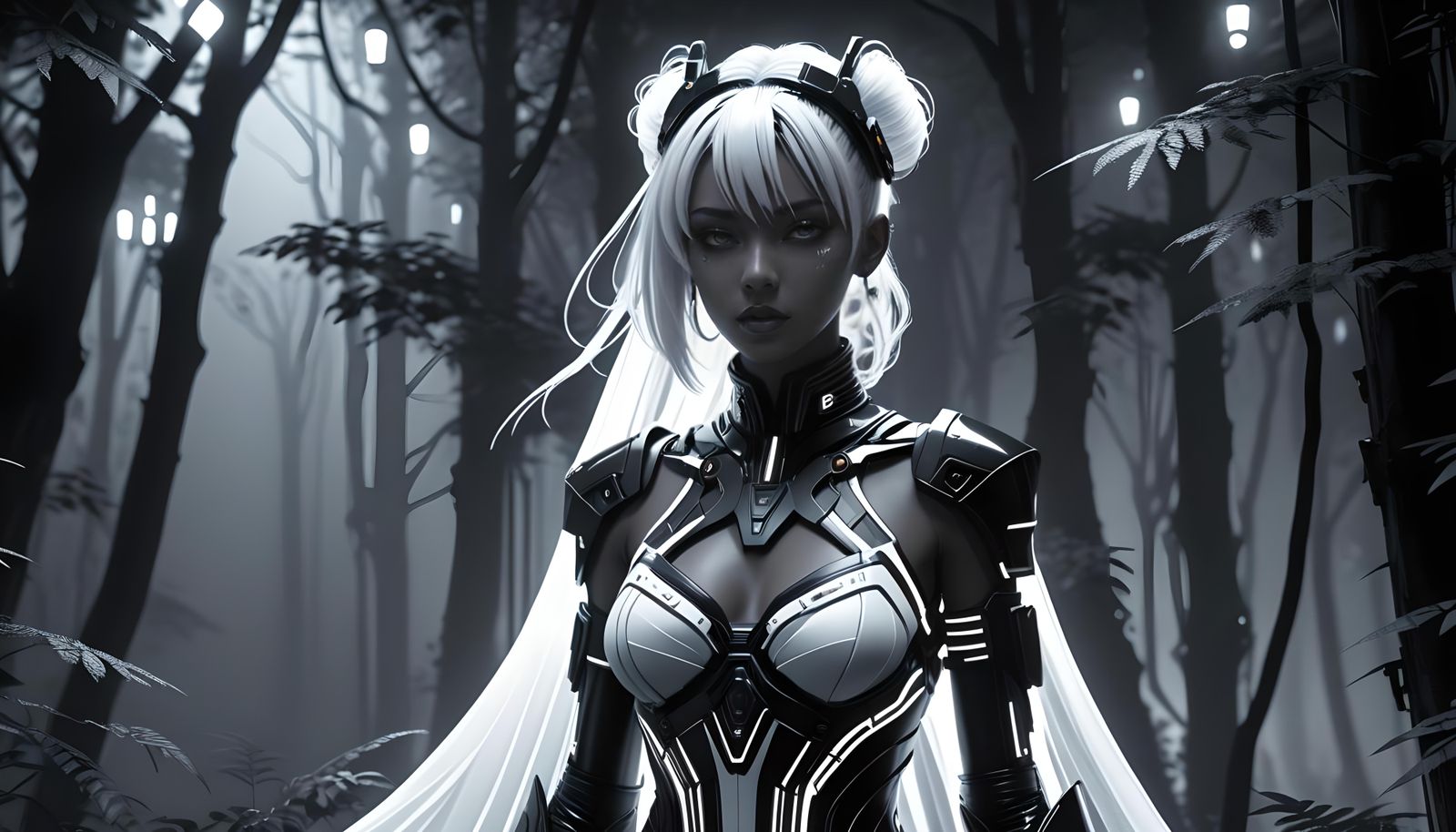 Cyberpunk Woman in Forest at Night