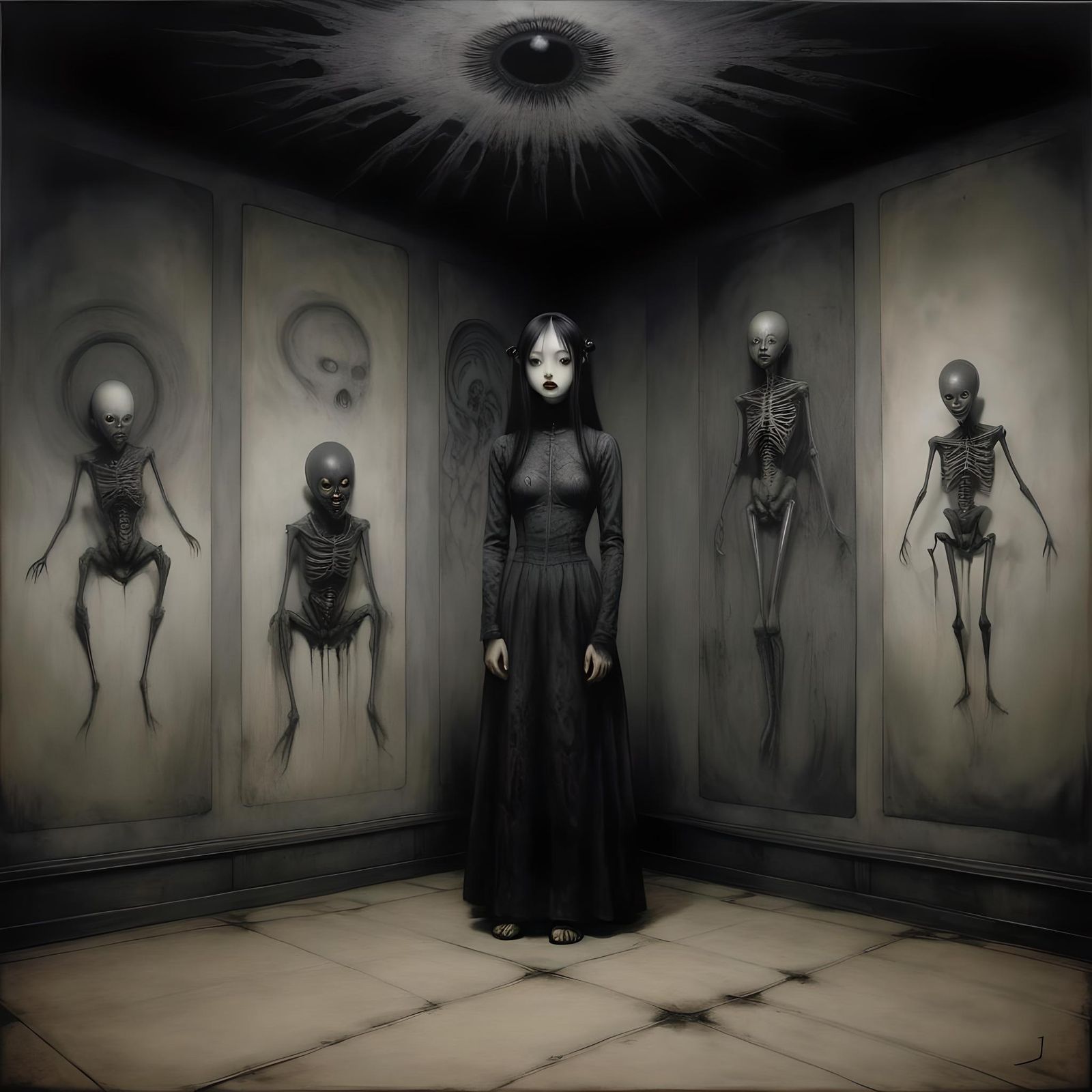 Dark Room Horror Art in Charcoal and Oil